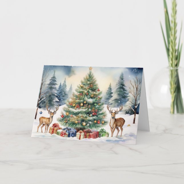 Cartão Renas na Neve com Presentes da Árvore de Natal (Frente)