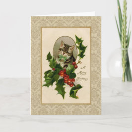 Cartão Reprodução de Vintage de Natal Holly Cat