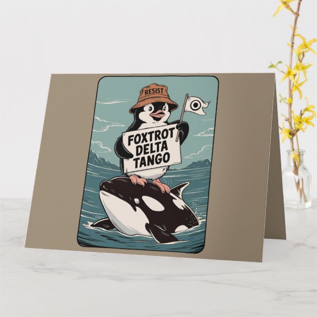 Cartão Resistência ao Ativismo Pinguim Protesto Vintage (Flor Amarela)