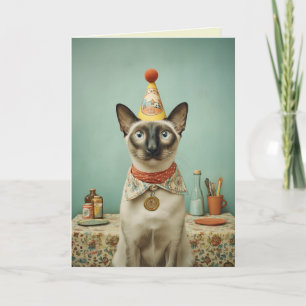 Cartão Retrato de Gato Siamesês Antigo com Chapéu de Fest