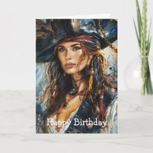 Cartão Retrato de Mulher Pirata em Aquarela