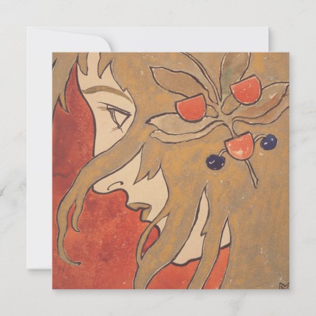 Cartão Retrato de uma Bela Menina em Vermelho (Art Nouvea (Frente)