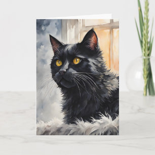 Cartão Retrato em Aquarela de Gato Preto na Janela