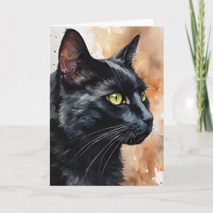 Cartão Retrato em Aquarela de Gato Preto Olhos Verdes em 