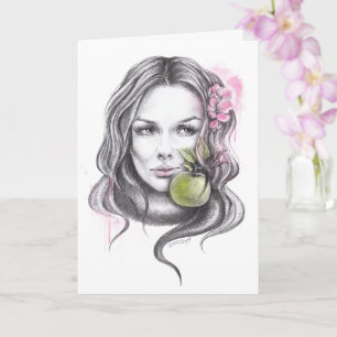 Cartão Retrato feminino com maçã e flor Arte surreal