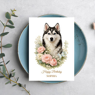Cartão Retrato Floral de Husky Siberiano