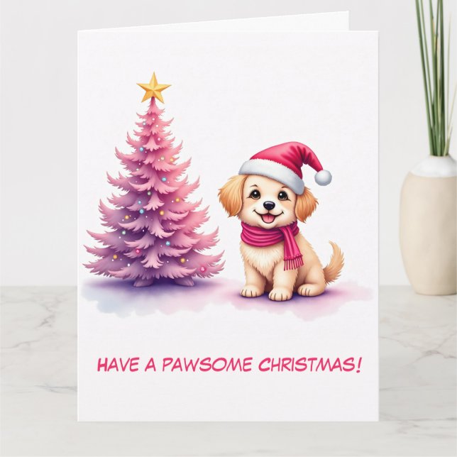 Cartão Retriever de Ouro ilustrado em Santa Hat rosa (Frente)