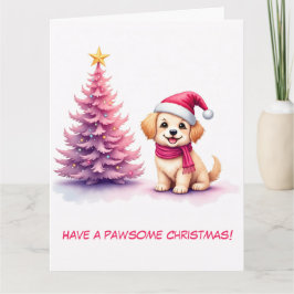 Cartão Retriever de Ouro ilustrado em Santa Hat rosa