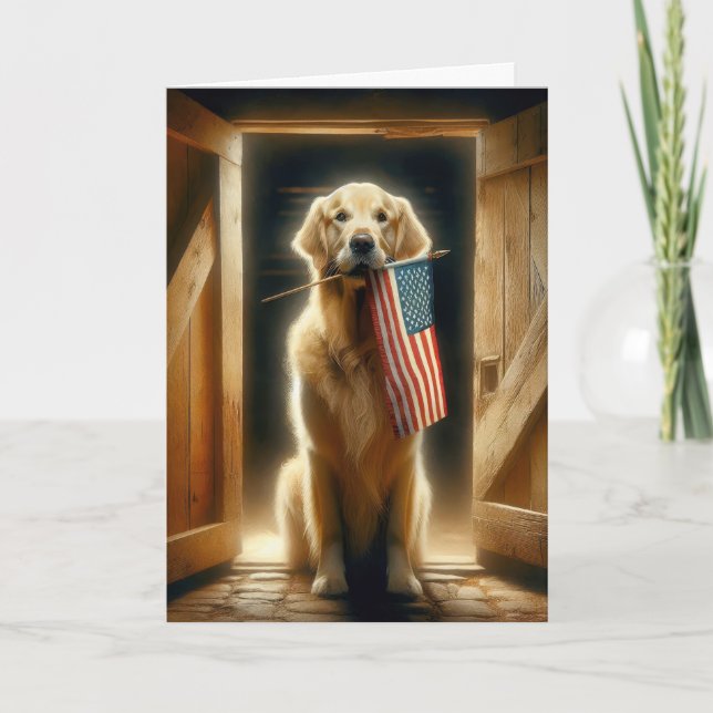 Cartão Retriever de ouros com bandeira americana (Frente)