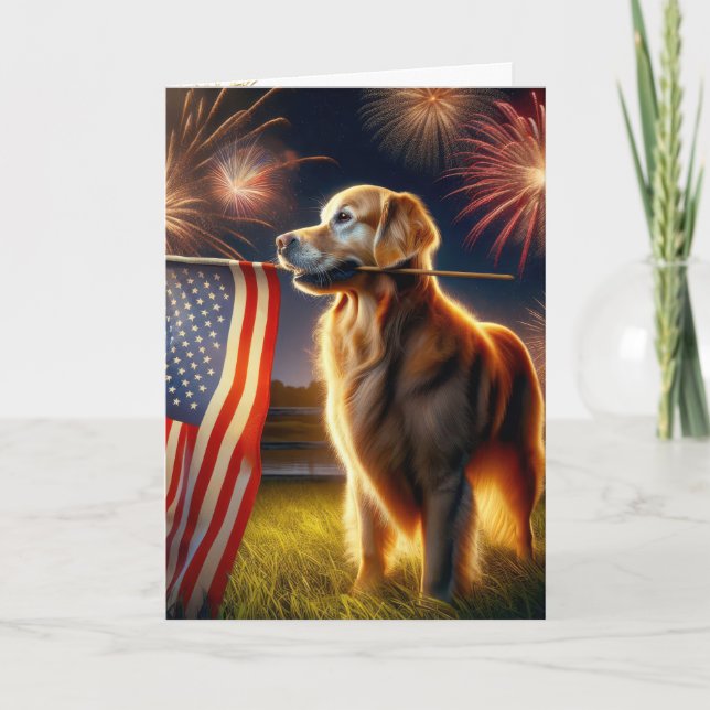 Cartão Retriever de ouros com bandeira americana (Frente)