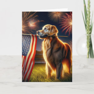 Cartão Retriever de ouros com bandeira americana