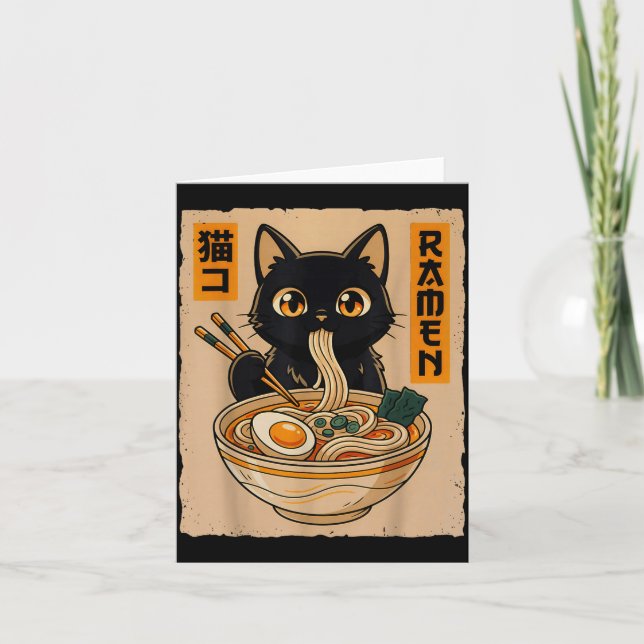 Cartão Retro Anime Kawaii Black Cat Eating Ramen Noodles  (Frente)