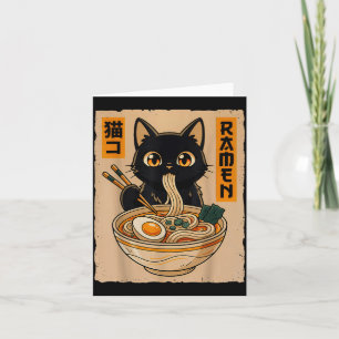 Cartão Retro Anime Kawaii Gato Preto Comendo Macarrão Ram