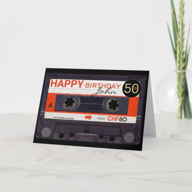Cartão Retro Audiotape S 50º aniversário do nome reto-ver (Frente)