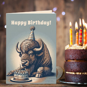 Cartão Retro Bison Buffalo Feliz Aniversário