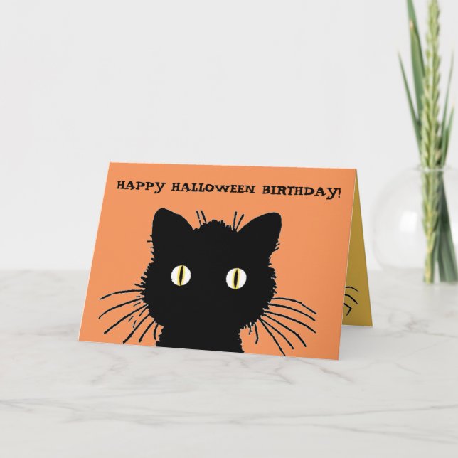 Cartão Retro Black Cat Happy Halloween Birthday Card (Frente)