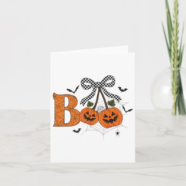 Cartão Retro Boo Ghost Pumpkin Cherries Arco Halloween (Frente)