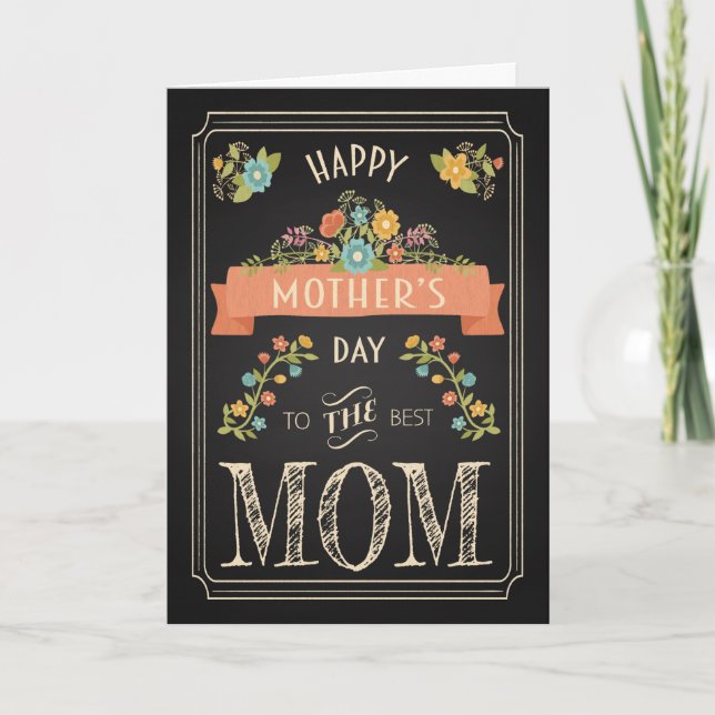Cartão Retro Chalkboard Mother’s Day with Flowers (Frente)