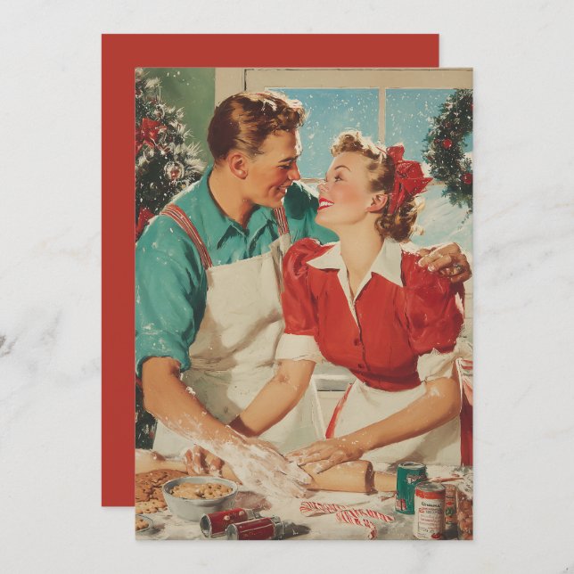 Cartão Retro Christmas Couple Baking Love (Frente/Verso)