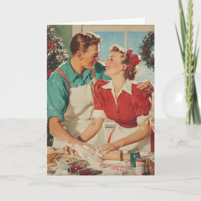 Cartão Retro Christmas Couple Baking Love (Frente)