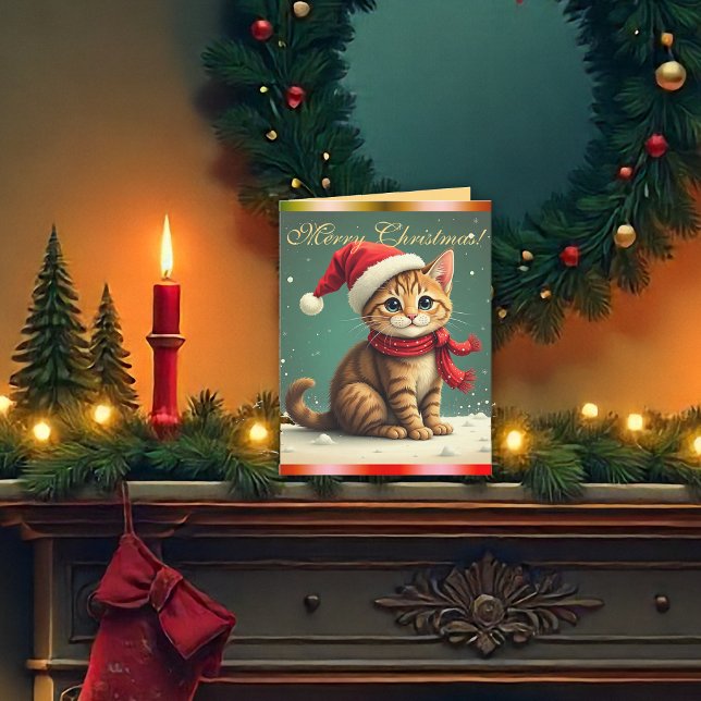 Cartão Retro Christmas Cute Kitten Vintage Christmas Card (Retro Christmas Cute Kitten Vintage Christmas Card by the Olde Christmas Shoppe)