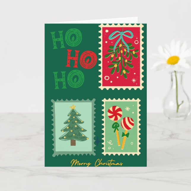Cartão Retro Christmas Postage Card – Mistletoe, Tree & P (Planta pequena)