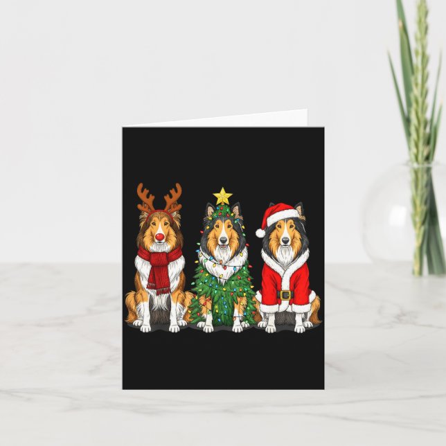 Cartão Retro Christmas Rough Collie Santa Reindeer Dog Lo (Frente)