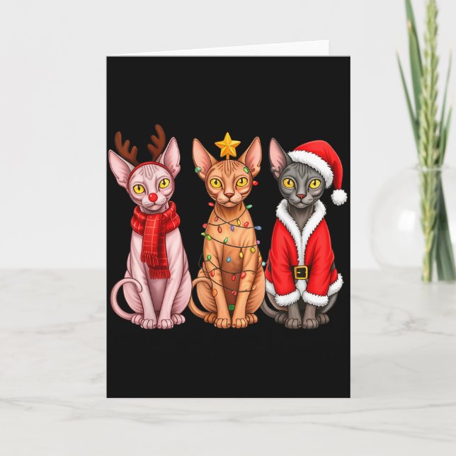 Cartão Retro Christmas Sphynx Cat Santa Reindeer  (Frente)