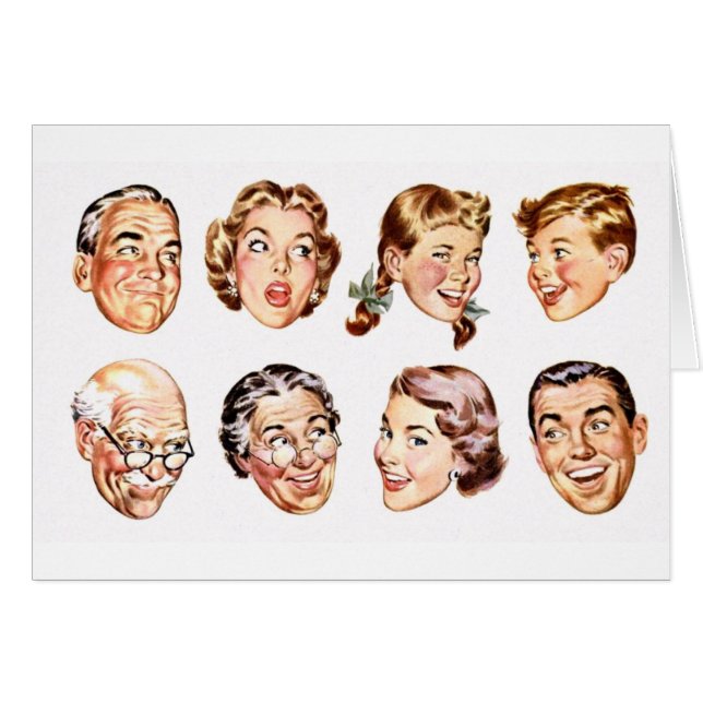 Cartão retro da ilustração da família (Frente horizontal)