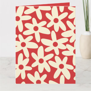 Cartão Retro Daisies Padrão Floral Vermelho e Creme