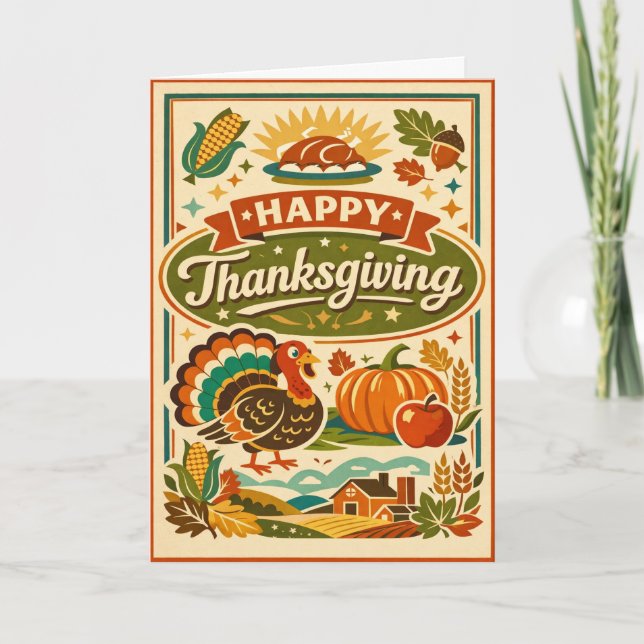 Cartão Retro Farmhouse Happy Thanksgiving Turkey Harvest (Frente)