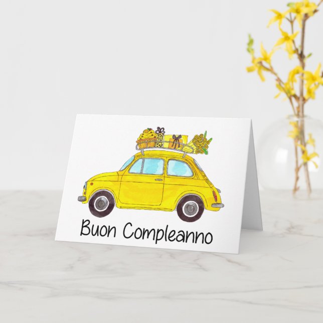 Cartão Retro Fiat 500 de aniversário italiano (Flor Amarela)