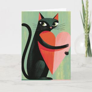 Cartão Retro Gato Preto Coração Verde Dia dos Namorados
