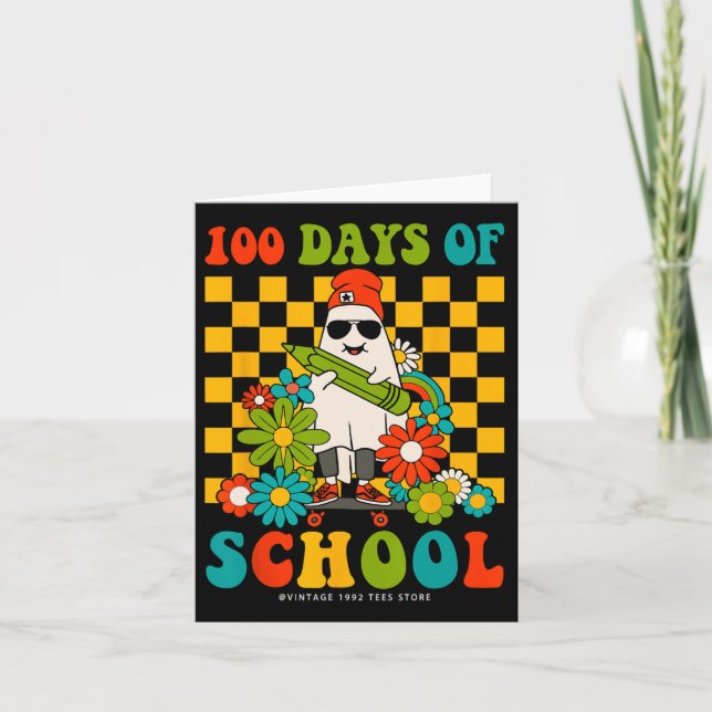 Cartão Retro Groovy 100 Dias De Professores Crianças Ghos (Frente)