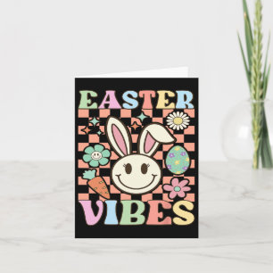 Cartão Retro Groovy Páscoa Vibes Bunny Checkered Smile Wo