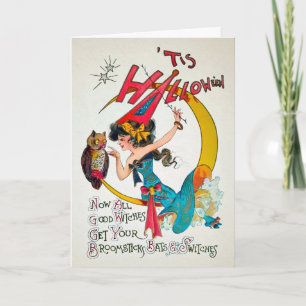 Cartão Retro Halloween Bruxa e Coruja
