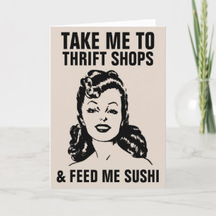 CARTÃO RETRO MULHERES COMPRAM TRISTE E SUSHI ENGRAÇADOS