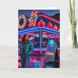 Cartão Retro Neon Christmas Diner | Vertical Holiday
