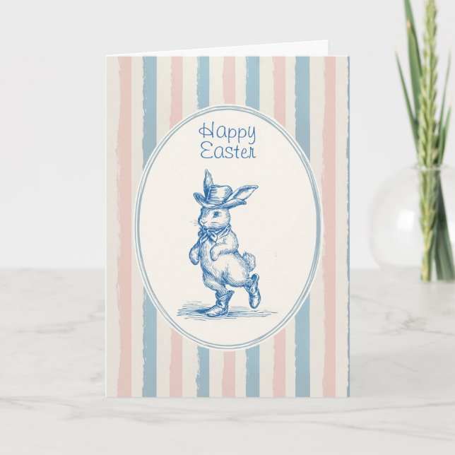 Cartão Retro Pastel Striped Vintage Blue Bunny Easter (Frente)