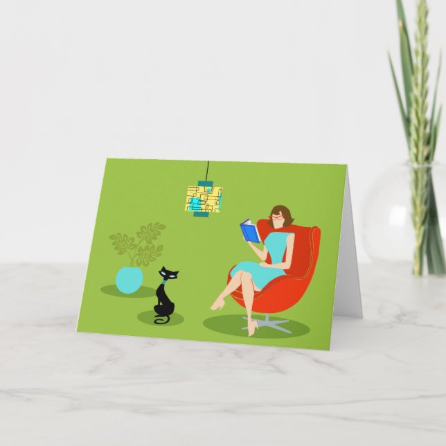 Cartão Retro Reading Woman Greeting Card (Frente)