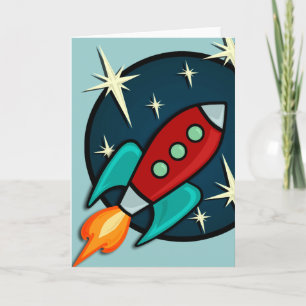 CARTÃO RETRO ROCKET SHIP VERTICAL GREETING CARD