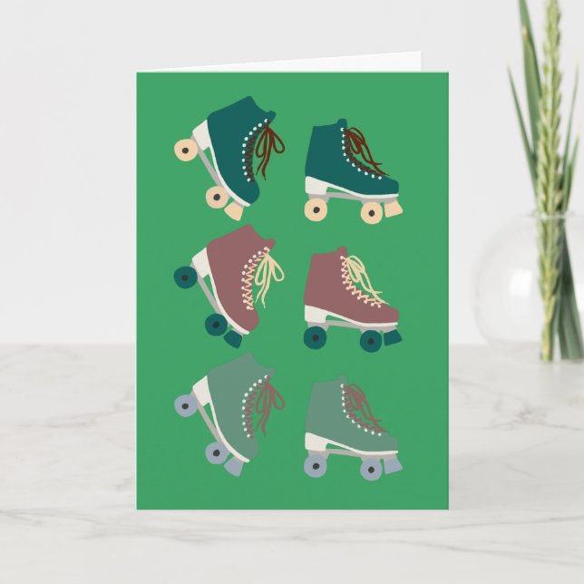 Cartão Retro Rollerskates Verde Rosa (Frente)