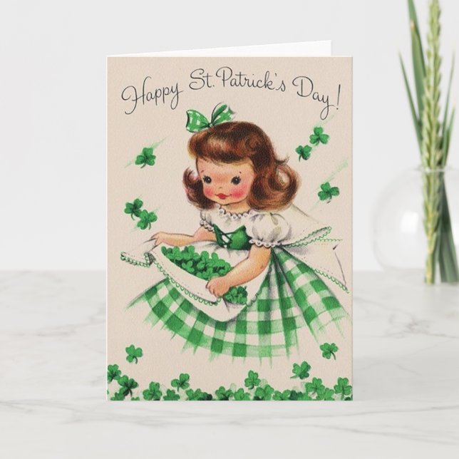 Cartão Retro Shamrock Irish Girl St. Patrick's Day Card (Frente)
