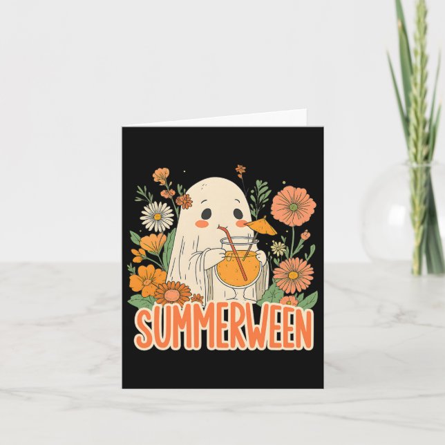 Cartão Retro Summerween Fantasma Boho Floral Verão Hallow (Frente)