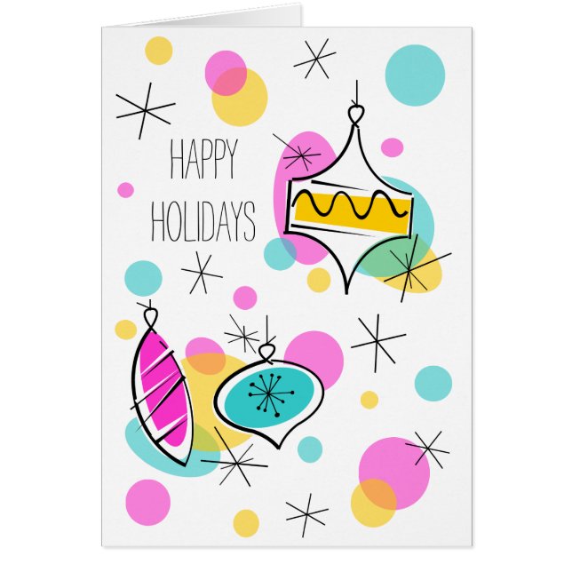 Cartão Retro Tree Baubles Happy Holidays vertical (Frente)