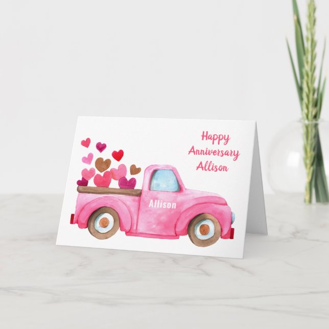 Cartão Retro Truck and Hearts Personalized Pink (Frente)