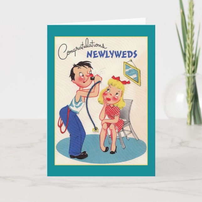 Cartão Retro Whimsical Newlywed Greeting Card (Frente)