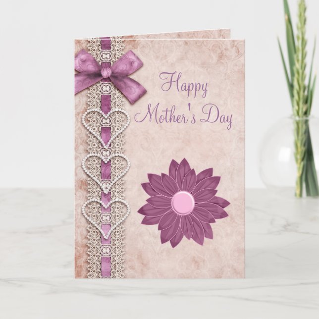 Cartão Ribbon, Lace, Hearts & Flower Lilac Mother's Day (Frente)