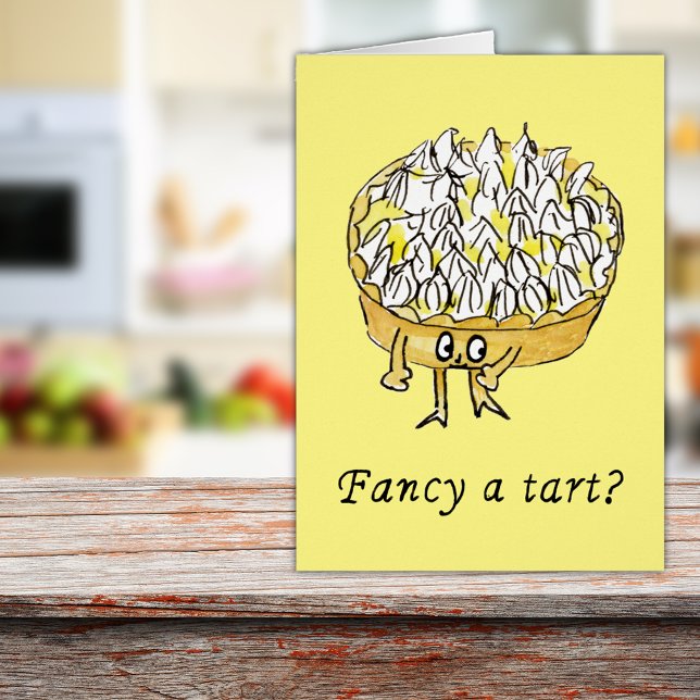 Cartão Rico Tart Funny Lemon Meringue Pie citação (Lemon meringue pie cute cartoon art with funny word play quote fancy a tart greetings card)