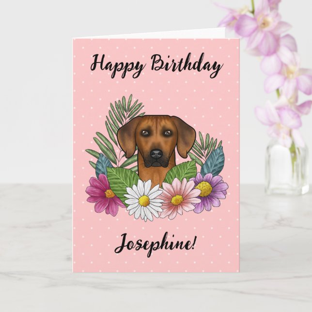 Cartão Ridgeback Dog E Flores Feliz Aniversário (Orquídea)